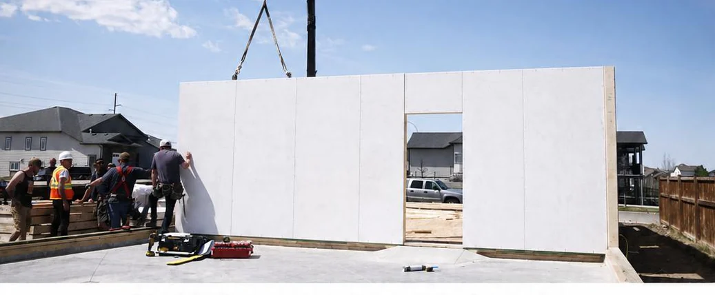 A crane setting a large Titanwall MGO SIP wall panel onto a slab while the crew guides it into place