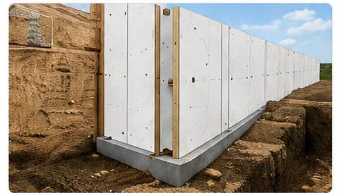 A Titanwall MGO SIP frost wall installed below grade in an excavation