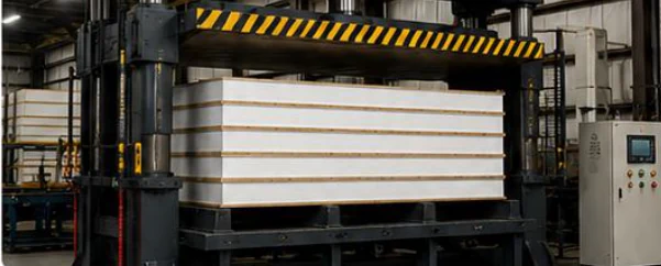Titanwall MGO SIP panels stacked in a large hydraulic press during the bonding process