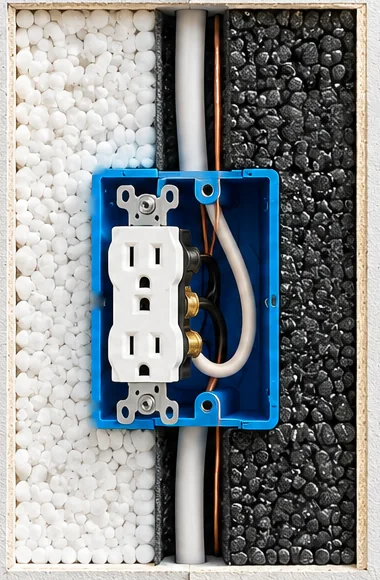 Cutaway behind an electrical outlet in a Titanwall MGO SIP panel: MGO sheathing skin, EPS insulation core on the left and GPS insulation core on the right, and the cable running through the chase into an electrical box set directly into the panel