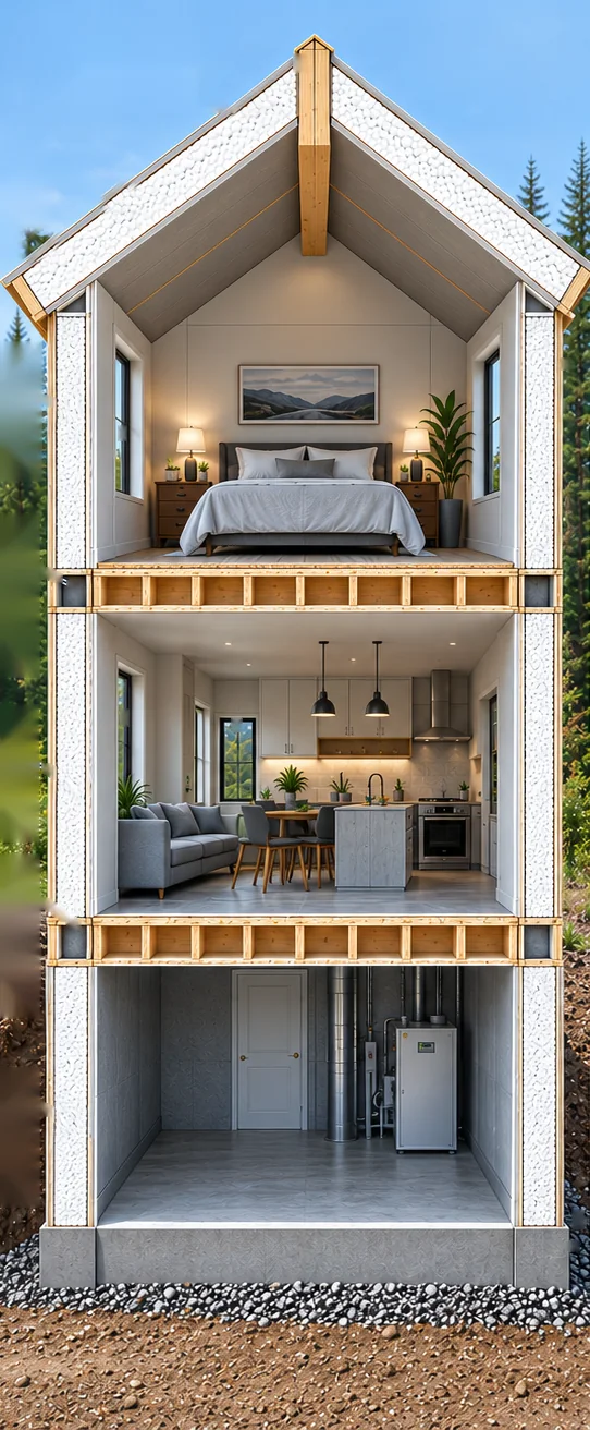Cutaway of a two-storey Titanwall building showing MGO SIP frost walls, a main-floor system, main-floor SIP walls, a second-floor system, second-storey SIP walls, and SIP roof panels meeting at an engineered ridge beam